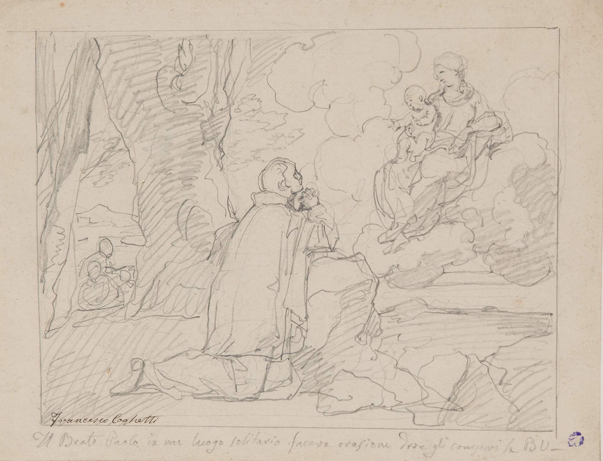 FRANCESCO COGHETTI (Bergamo 1801 - Roma 1875), attr. “Il beato Paolo in luogo solitario”. Disegno su