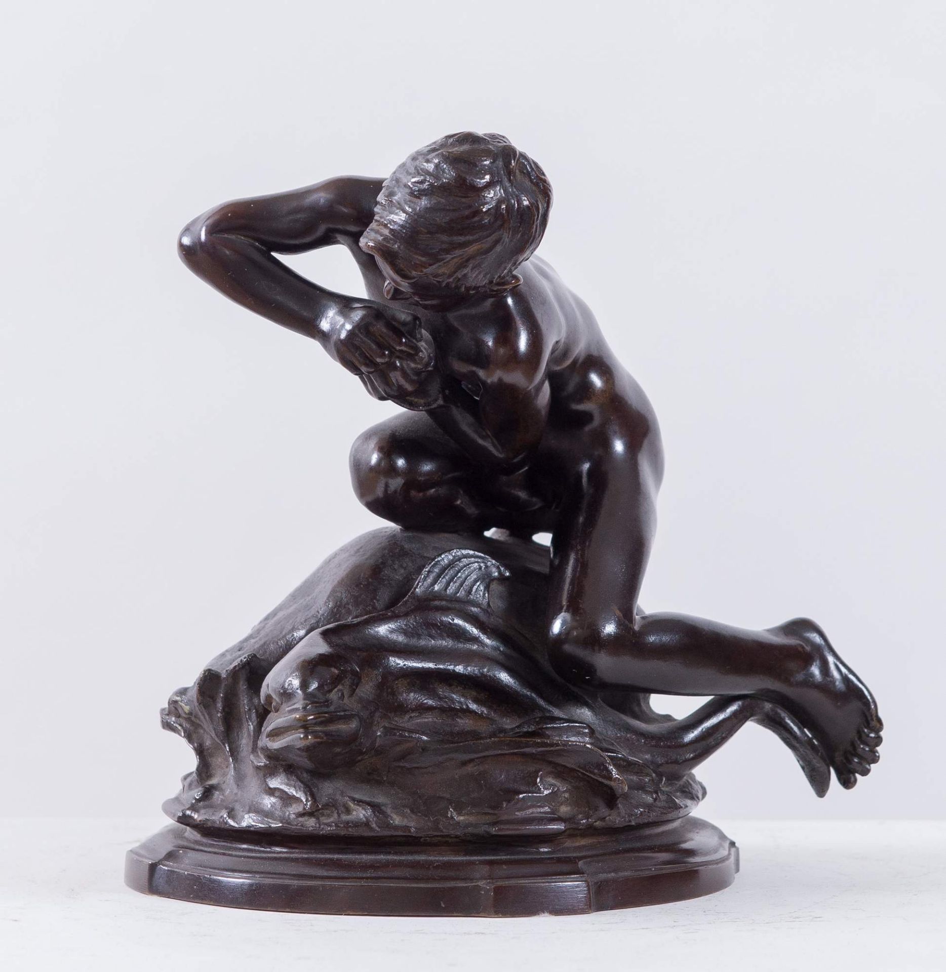 VINCENZO GEMITO (Napoli 1852 – 1929) ), attr. "Fanciullo con delfino". Scultura in bronzo. Cm
