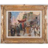 Fabio Fabbi (Bologna 1861 - 1946) “Processione di nozze al Cairo”. Olio su tela. Cm 59x77,5. Opera