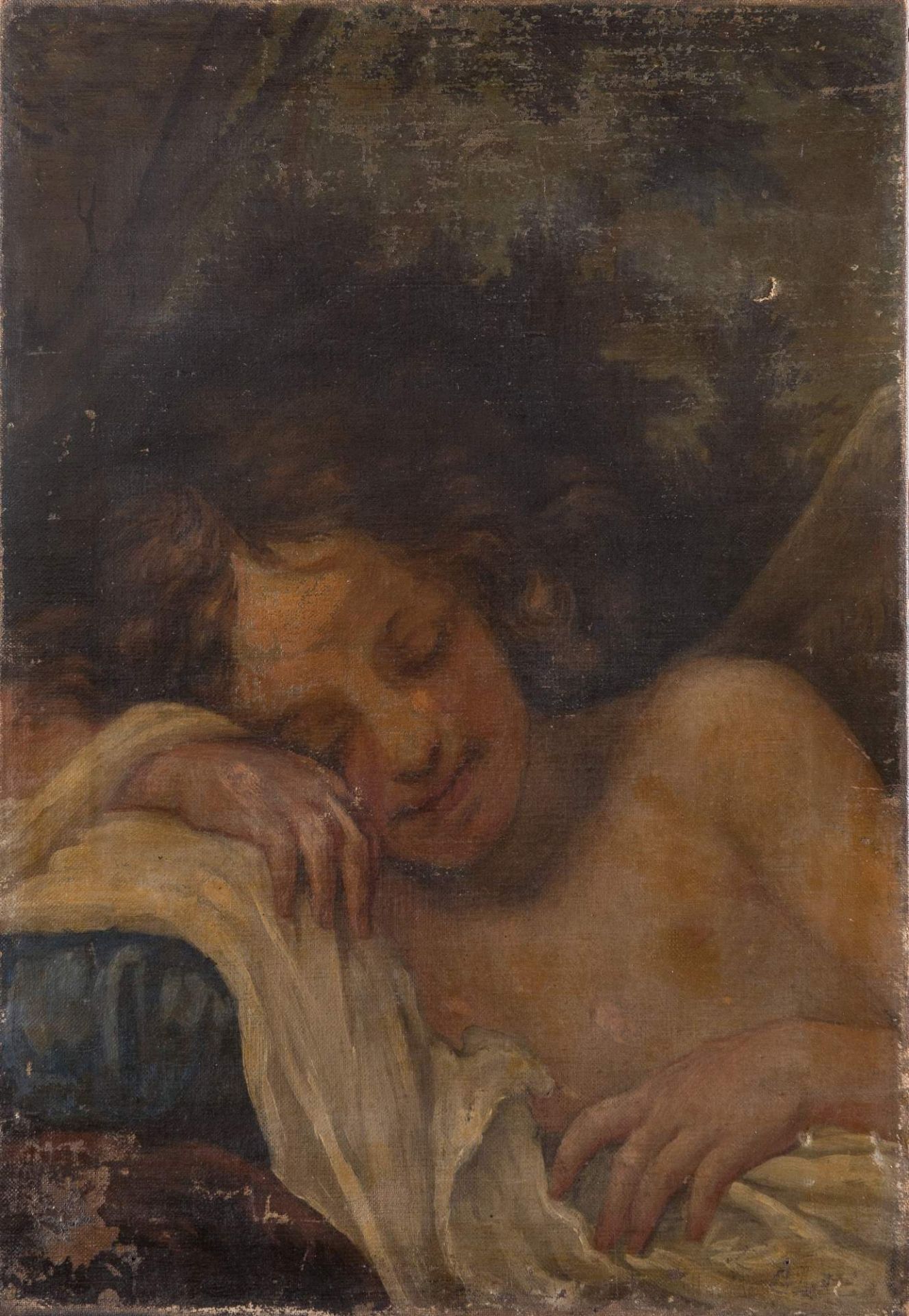 Maestro del XIX secolo. "Cupido dormiente". Olio su tela. Cm 64,5x44,5