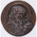 SIGNORINI, Firenze. "Cristo". Bassorilievo in bronzo. Diametro cm 15. Opera firmata al retro