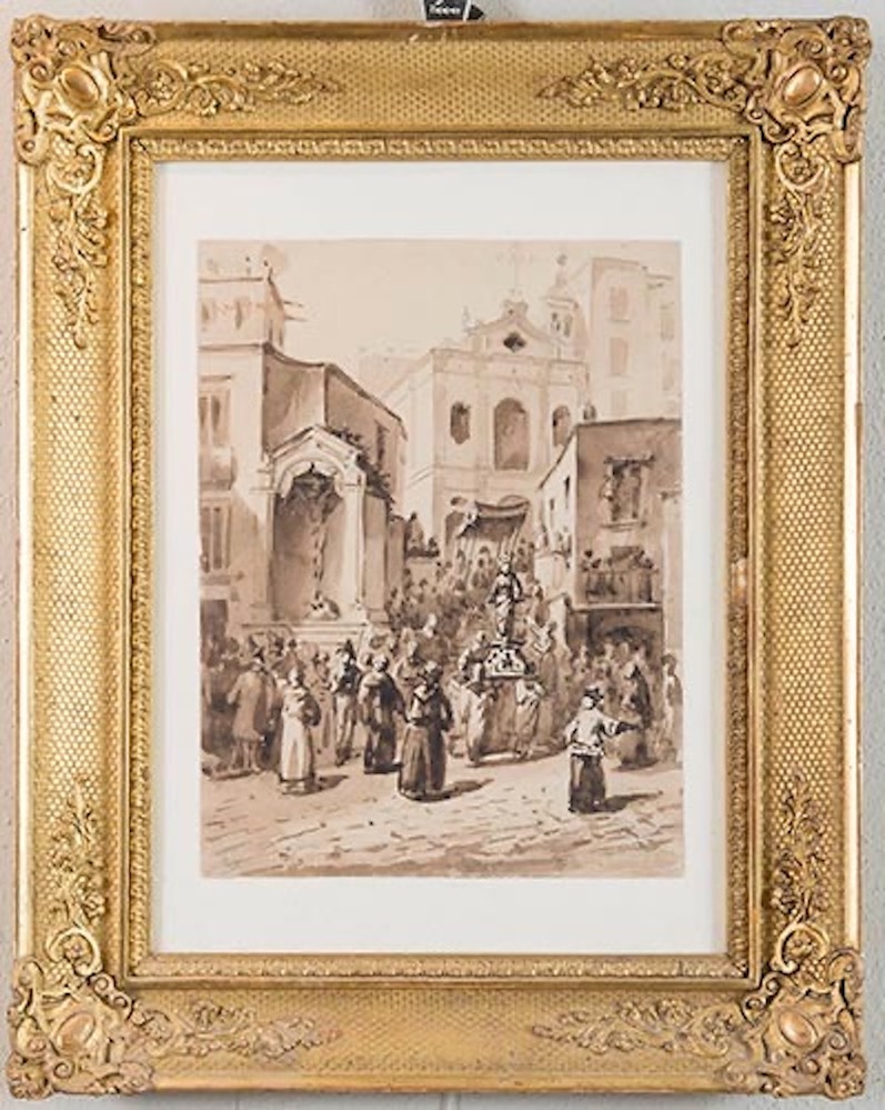 Pittore anonimo del XIX secolo “Processione”. Acquerello su carta. Cm 29,5x22,5.