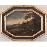 Maestro del centro Italia del XVII secolo “Paesaggio con figure”. Olio su tavola. Cm 26,5x38.