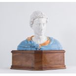 ANGELO MINGHETTI, XX secolo. "Busto maschile". Scultura in ceramica smaltata. Cm 36x44x25,5. Al