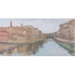 MARIO BORGIOTTI “Grigio: il Naviglio grande”, 1968. Olio su tavola. Cm 24,5x48. Opera firmata e