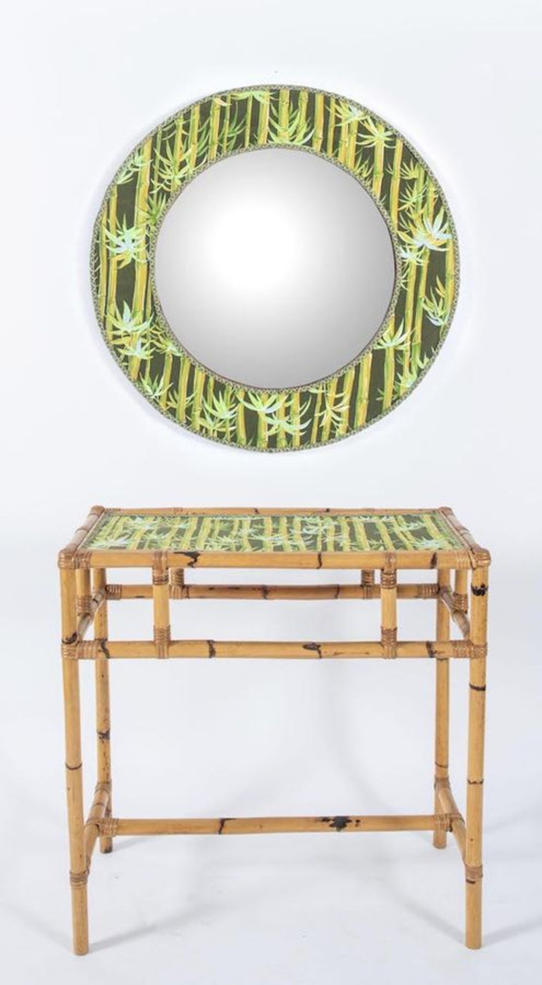 VALENTINO PIU’ Consolle in bamboo con legature in cuoio e tessuto con specchio in vetro e cornice in