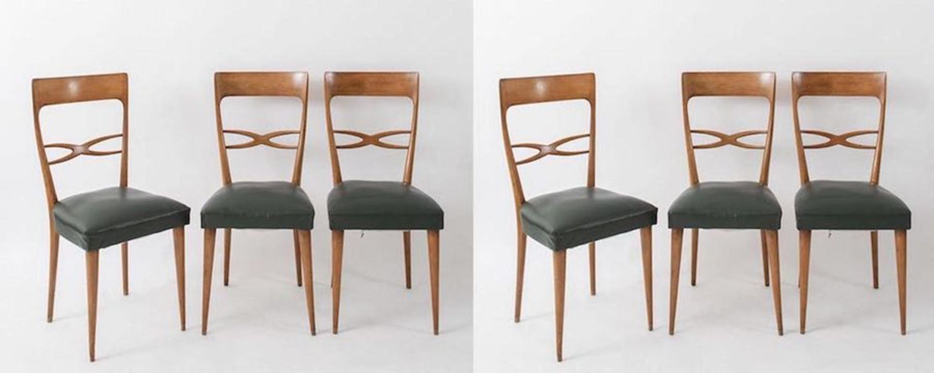MELCHIORRE BEGA, attr. Sei sedie in legno con rivestimento in pelle. Prod. Italia, 1960 ca. Cm 95x42
