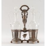 ARGENTIERE S.I., Belgio, 1838 - 1868. Oliera in argento 800. Reca oliere in vetro. Sul bordo inferio