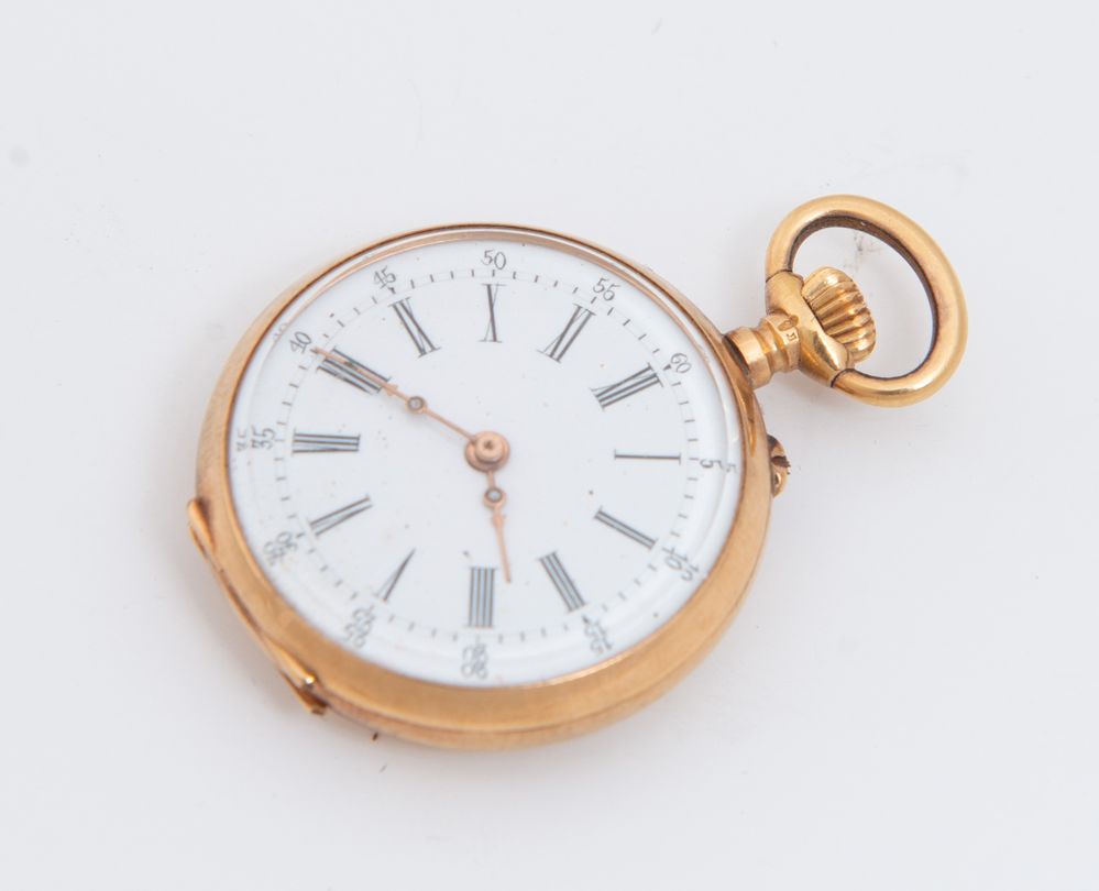 OROLOGIO DA TASCA In oro giallo, quadrante smaltato bianco con indici romani, decorato al retro con