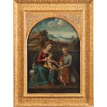 Maestro ferrarese degli inizi del XVI secolo "Sacra famiglia con San Giovannino". Olio su tela. Cm 5