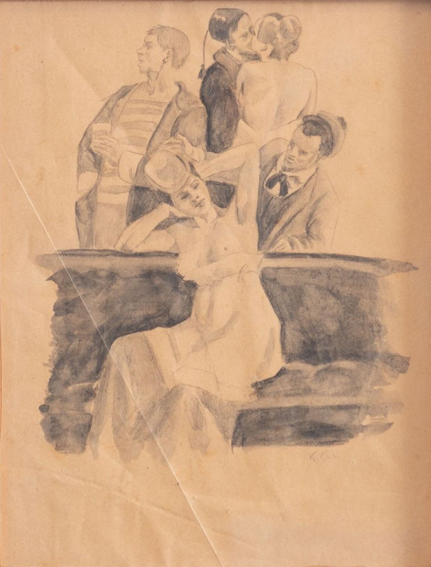 CARLO CORSI (Nizza 1879 - Bologna 1966) "Figure". Tecnica mista su carta. Cm 24x19. Opera firmata in