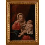 Maestro del XVII secolo. Madonna con bambino. Olio su tela. Cm 76,5x55.