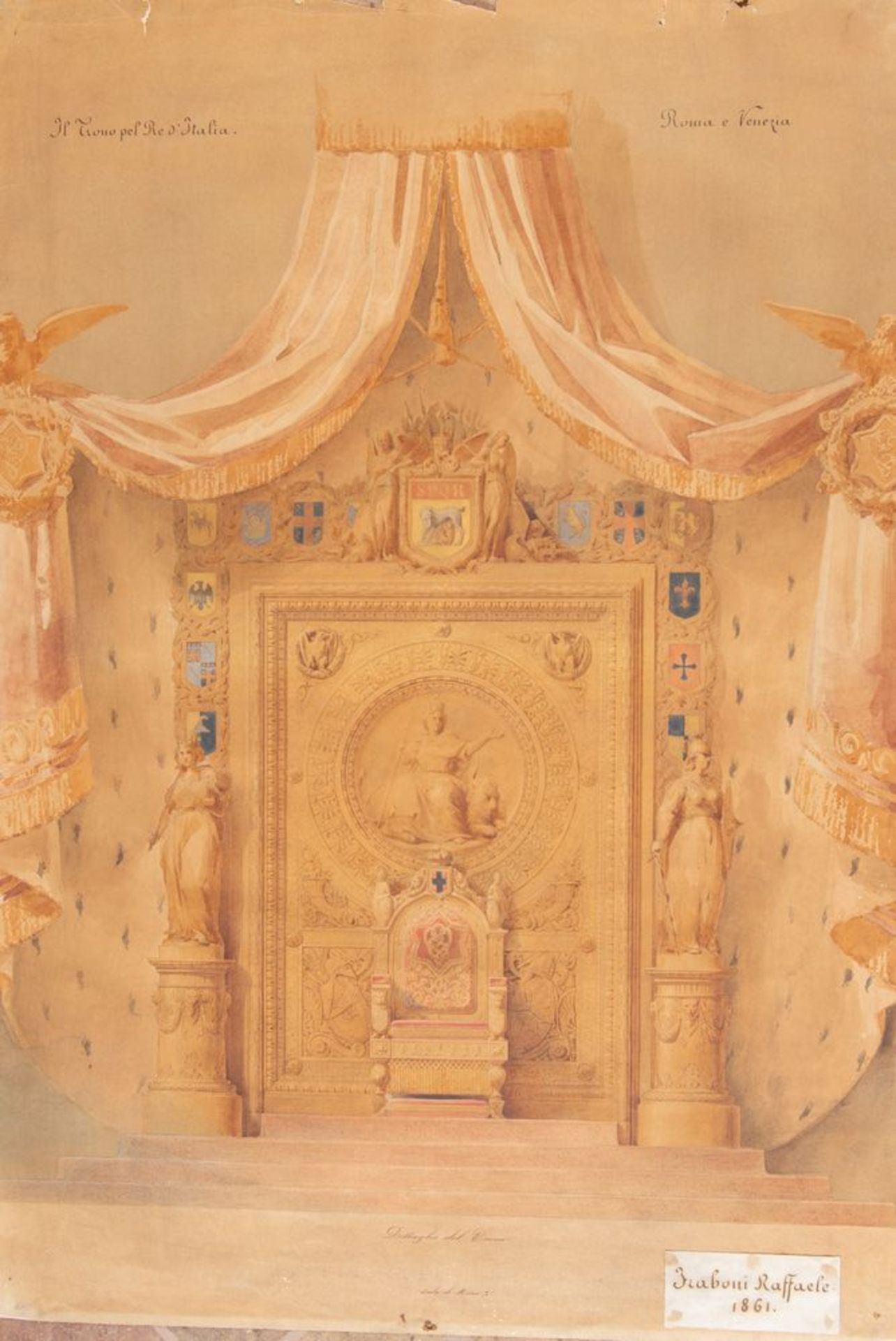 RAFFAELE FRABONI "Il trono del re d'Italia", 1861. Acquerello su carta. Cm 86x60. Opera firmata e da - Bild 2 aus 2