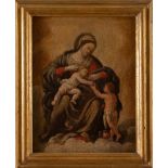 Maestro del XVII secolo "Madonna con bambino e san Giovannino". Olio su tela. Cm 41x31,5. (Restauri)