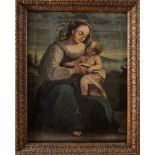 Maestro del XVII secolo “Madonna con bambino”. Olio su tela applicata su tavola. Cm 90x68,5. Cornice