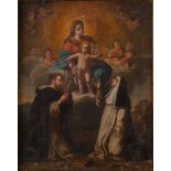 Maestro del XVII secolo “Madonna del rosario con Domenico e Caterina da Siena”. Olio su tela. Cm 50x