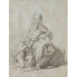 Maestro del XIX secolo "Madonna con bambino e san Giovannino". Disegno a matita su carta. Allegoria.