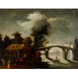 School of central Italy of the XVII century - River landscape with figures and boats