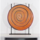 Jean Michel Folon (1935 - 2005) Ceramic plate on metal stand, signed Jean-michel Folon, no: 5C,
