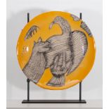 Guillaume Corneille van Beverloo (1922 - 2010) Plate on metal stand in enamelled Terra Cotta signed: