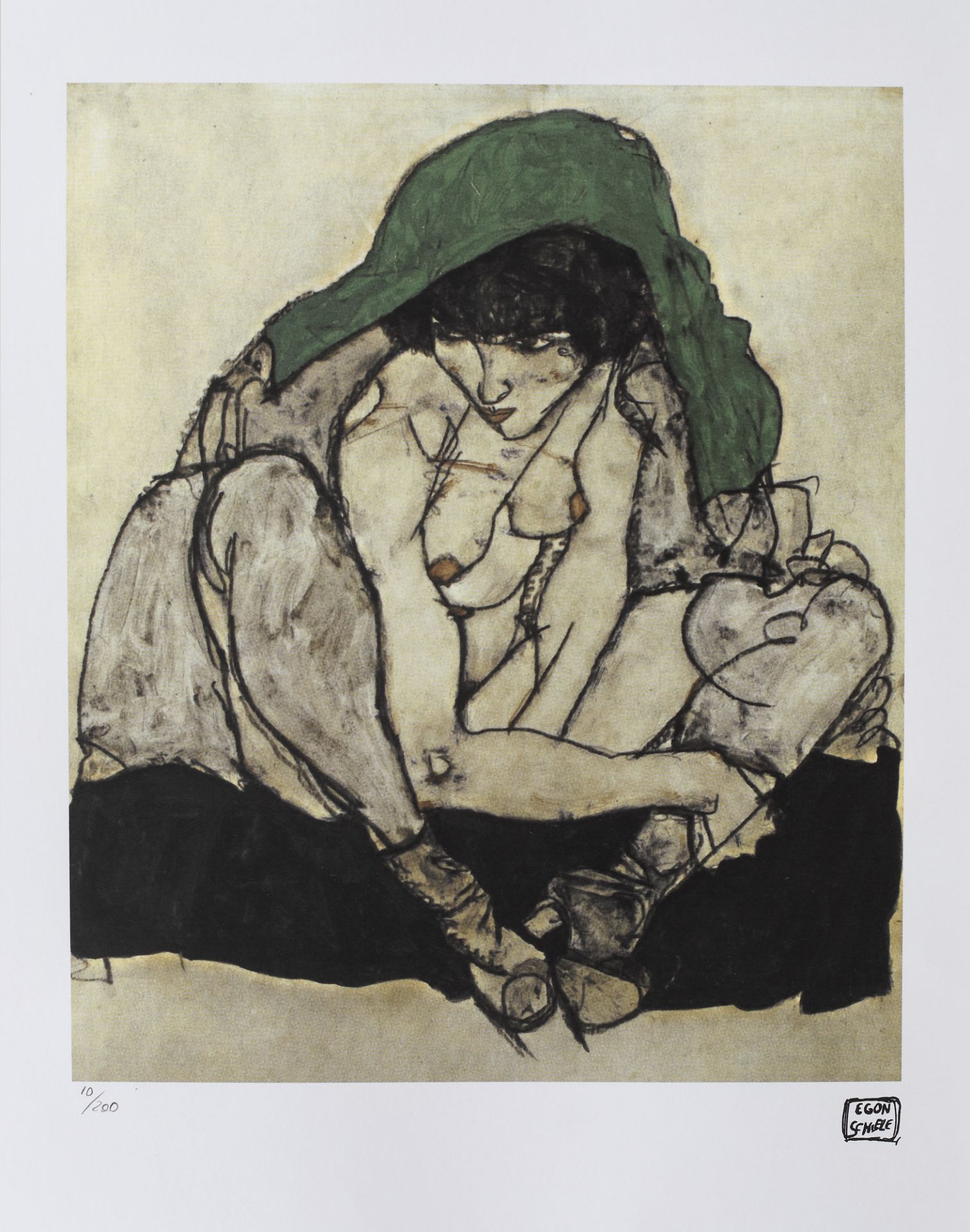 Egon Schiele, Crouching Woman with Green HeadscarfEgon Schiele, Crouching Woman with Green Head