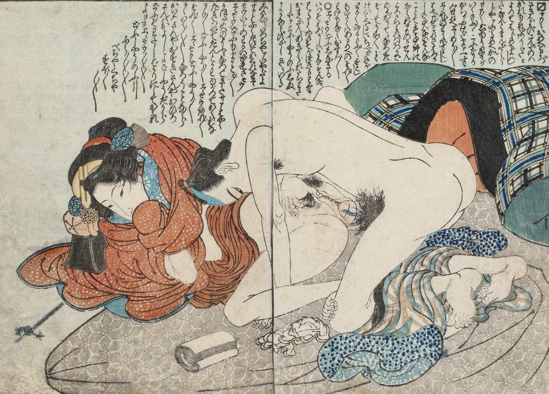 Utagawa Kunisada, Erotic scene (Shunga), illustrating a courtesan and a samurai enjoying the effect