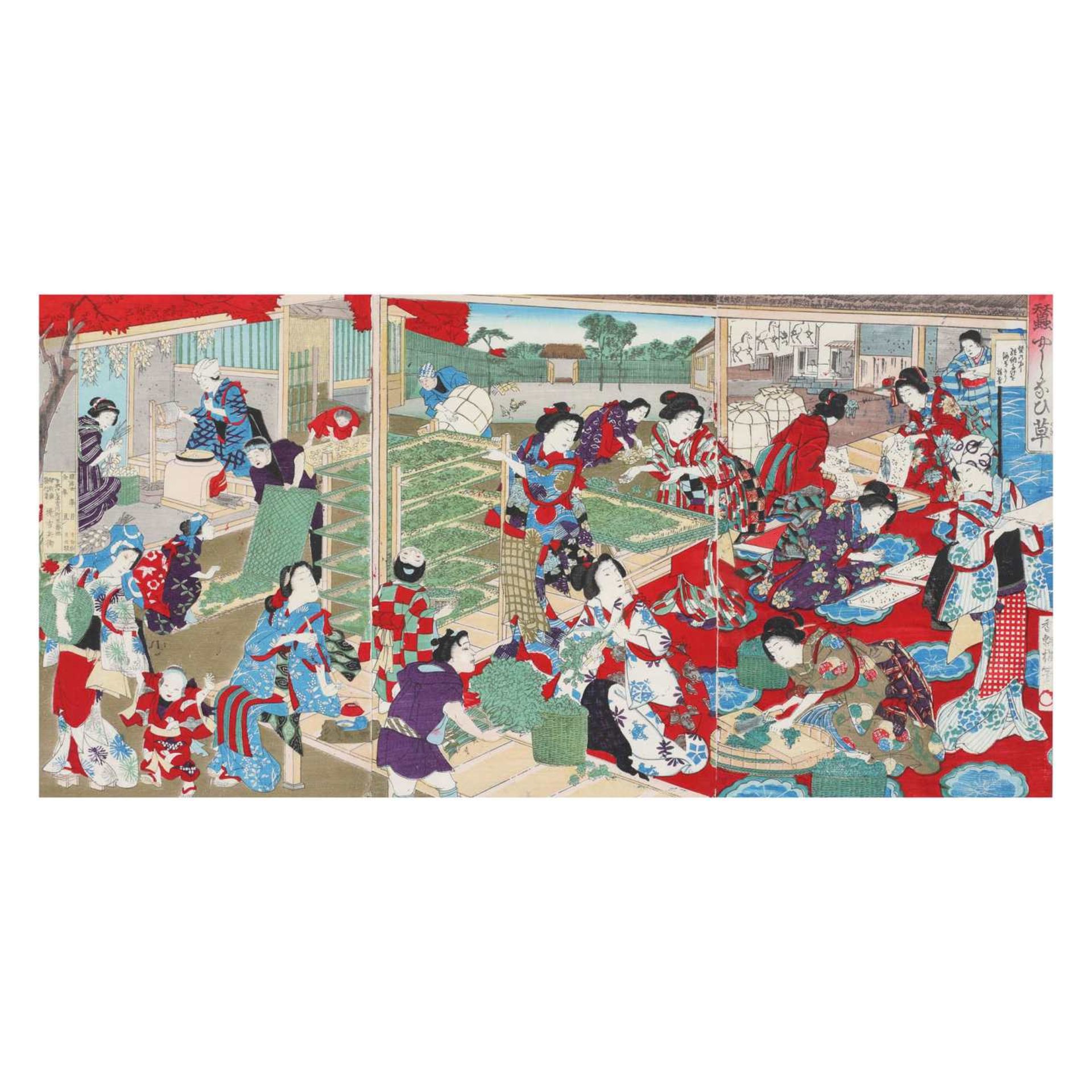 Utagawa Kunisada III, Young Women Growing SilkwormsUtagawa Kunisada III, Young Women Growing S