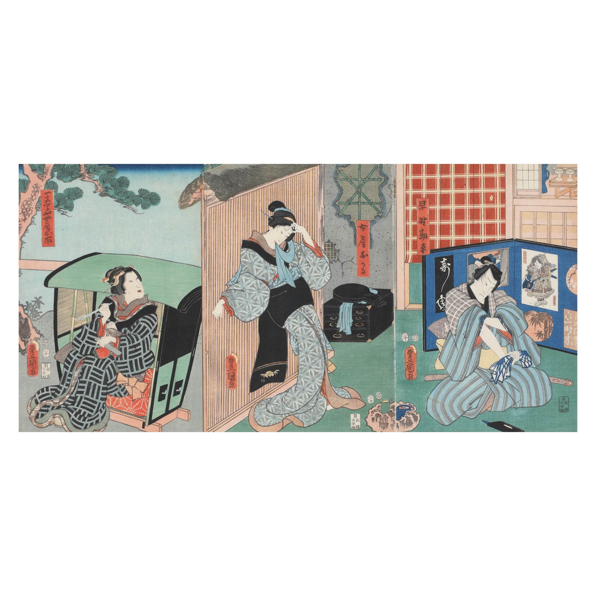 Kunisada / Toyokuni III Utagawa, Kabuki theatre scene depicting a couple waiting for a visitorK