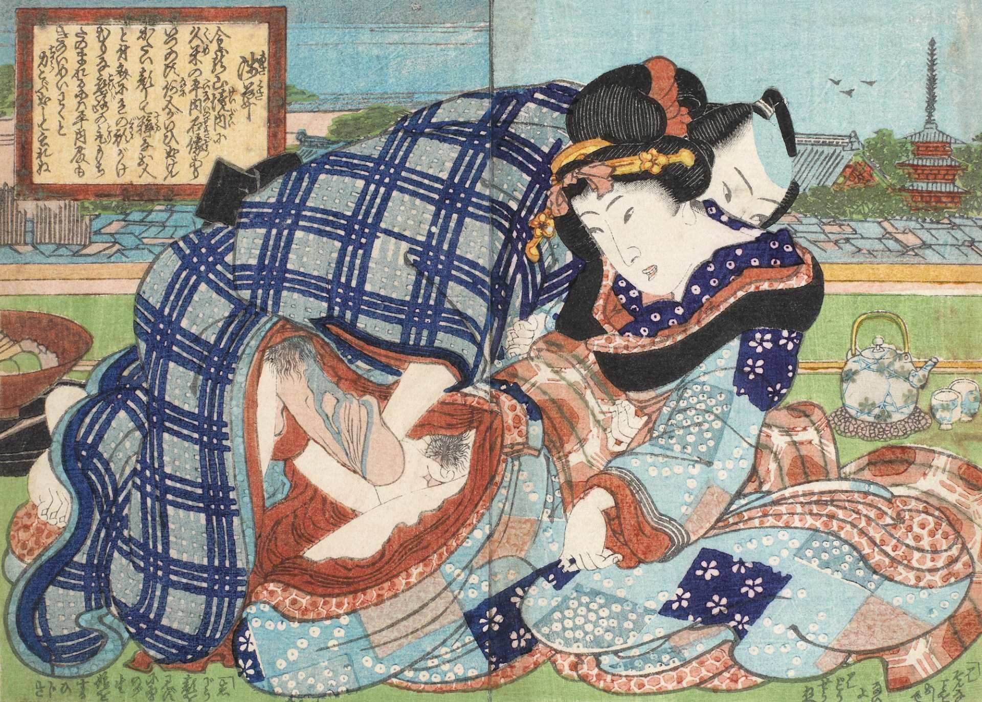 Utagawa Kunisada, Erotic scene (Shunga), illustrating a couple outdoors after the tea ceremonyU