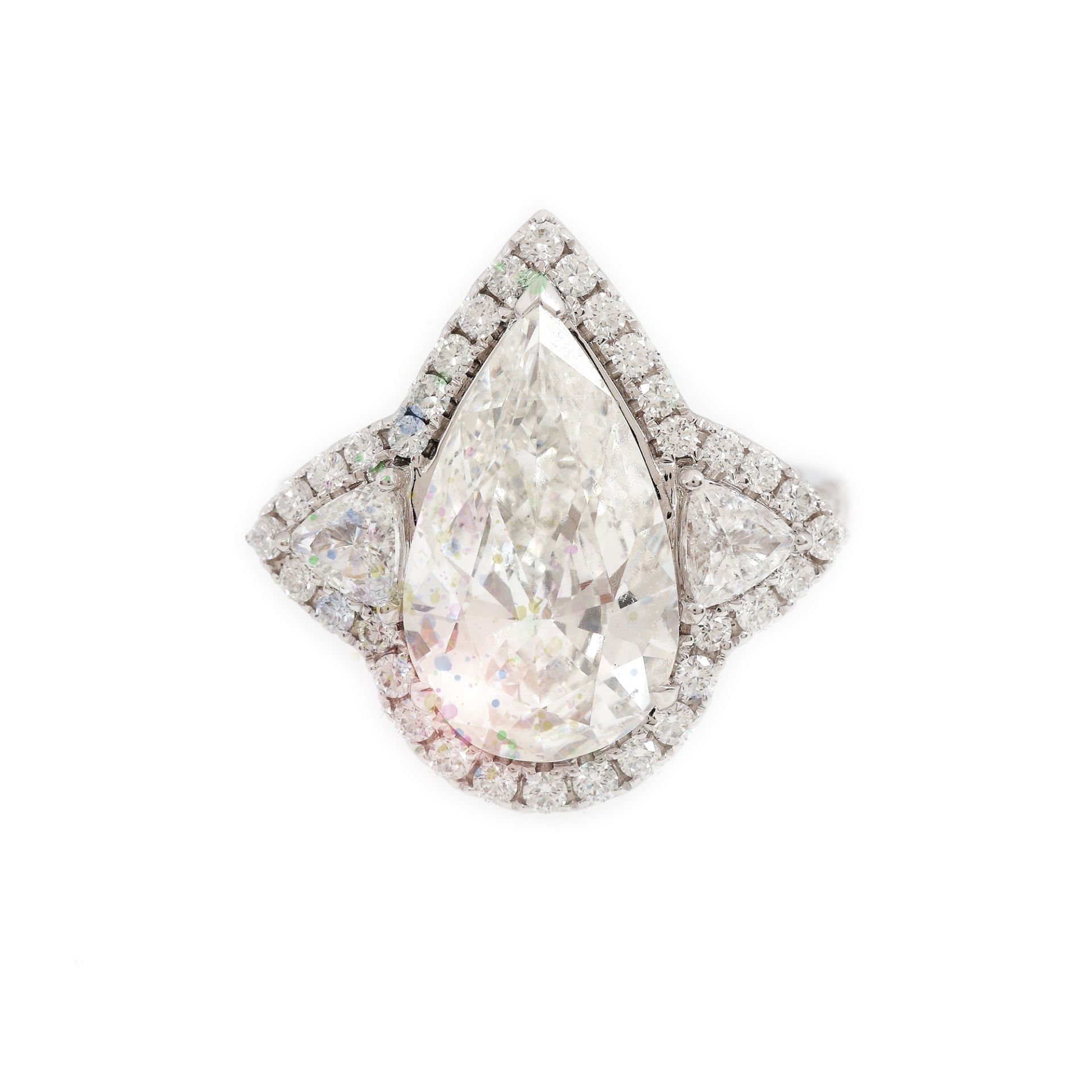 White gold ring, central pear shaped diamond, surrounded by trillion cut and brilliant diamonds