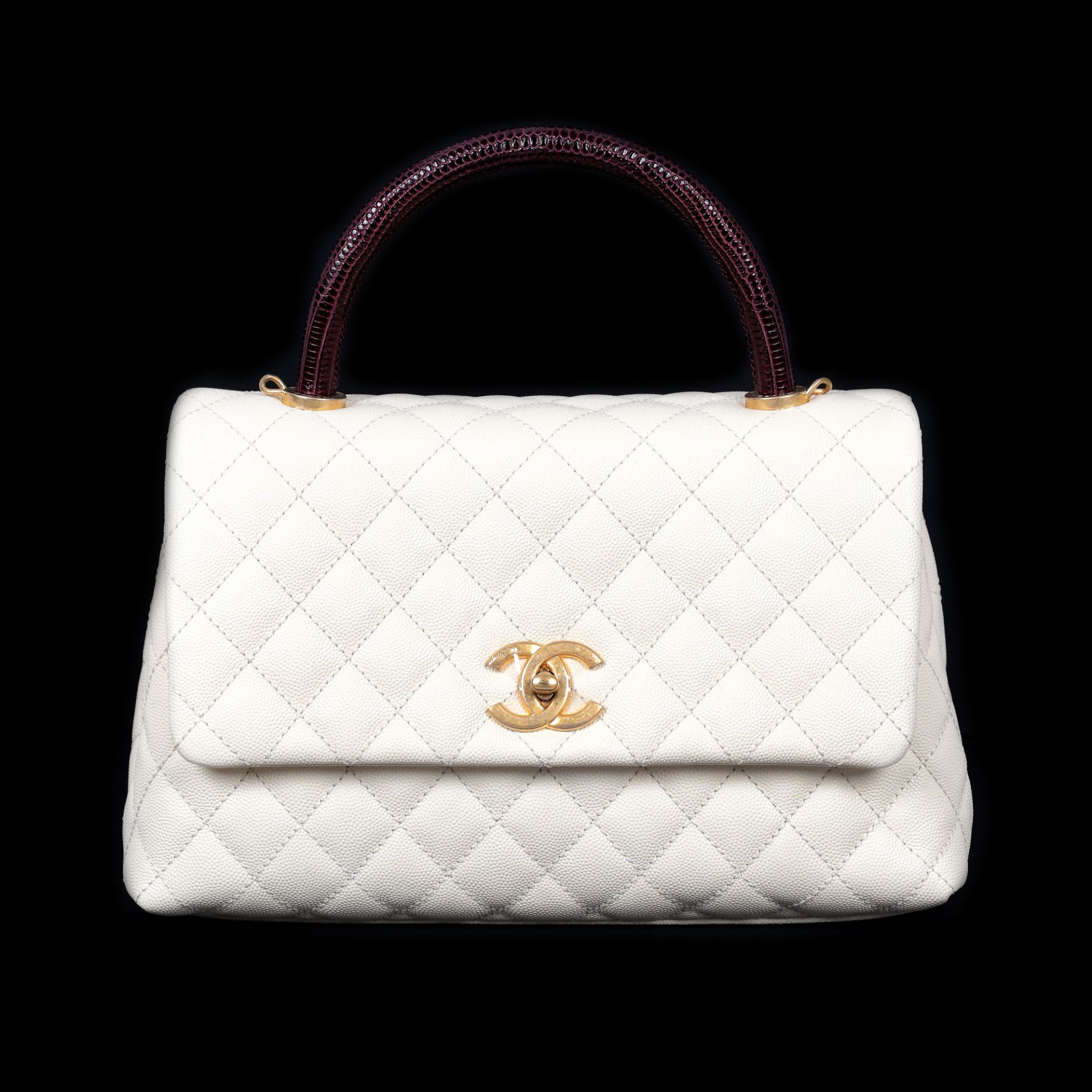 "Coco Handle Bag" - Chanel bag, quilted leather, white, lizard leather handle, burgundy