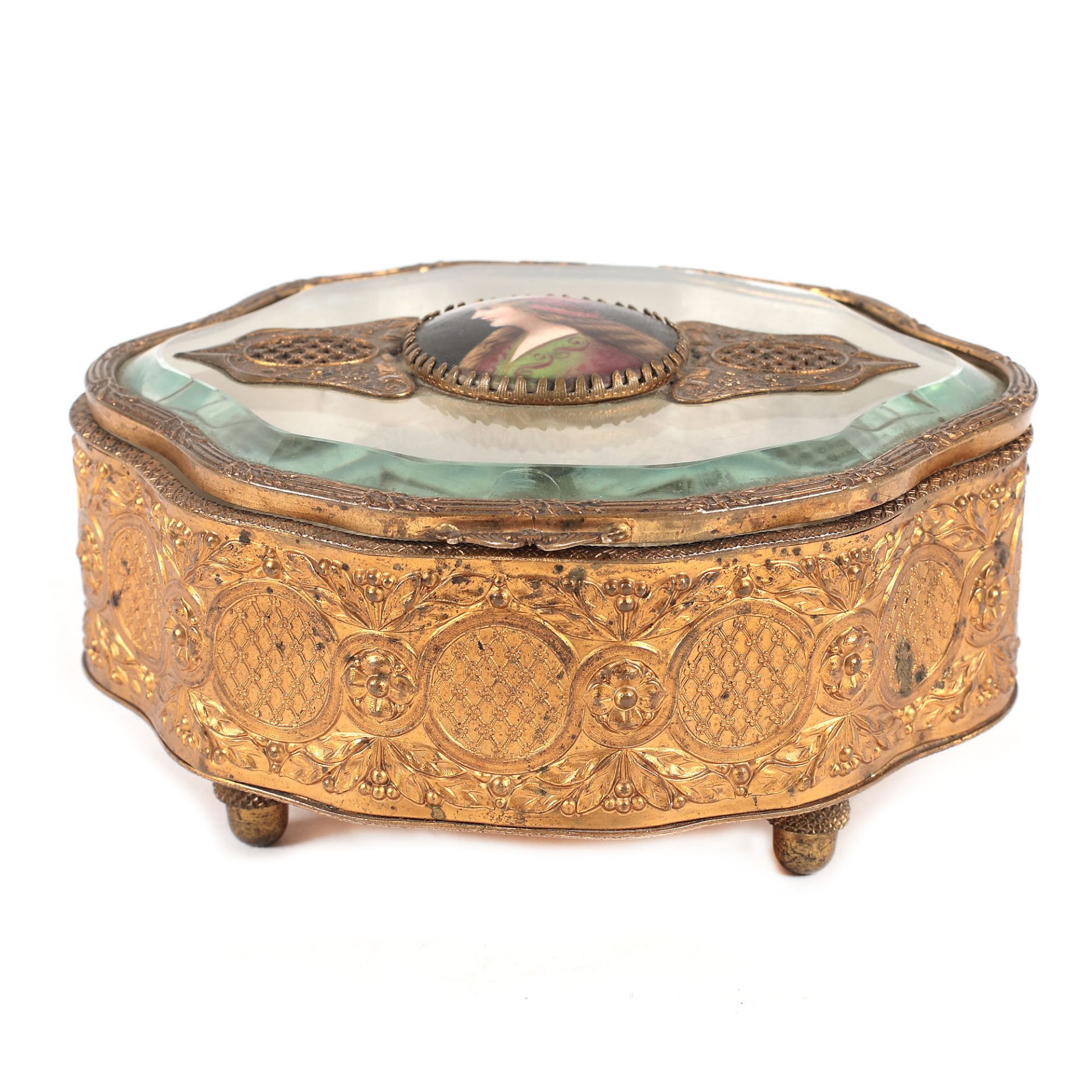 French workshop, jewellery box, doré bronze and bevelled crystal, centrally decorated with a Limoges - Image 2 of 3