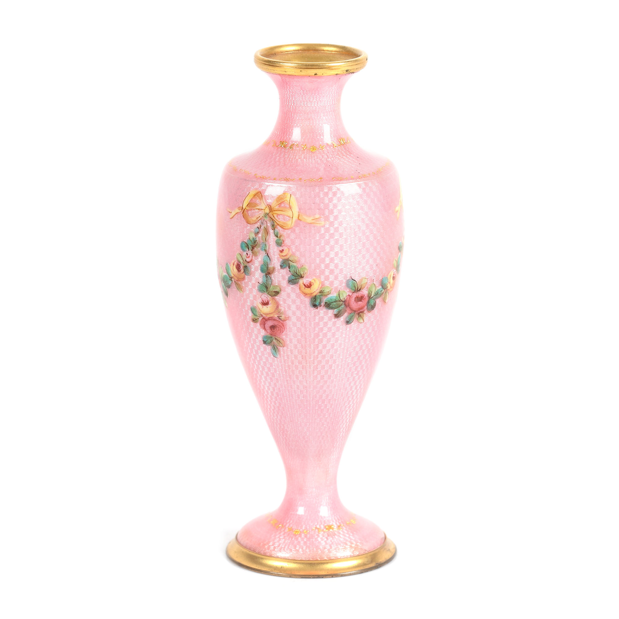 French workshop, Miniature urn, adorned with guilloché enamel and floral garlands, original box, app - Image 2 of 5