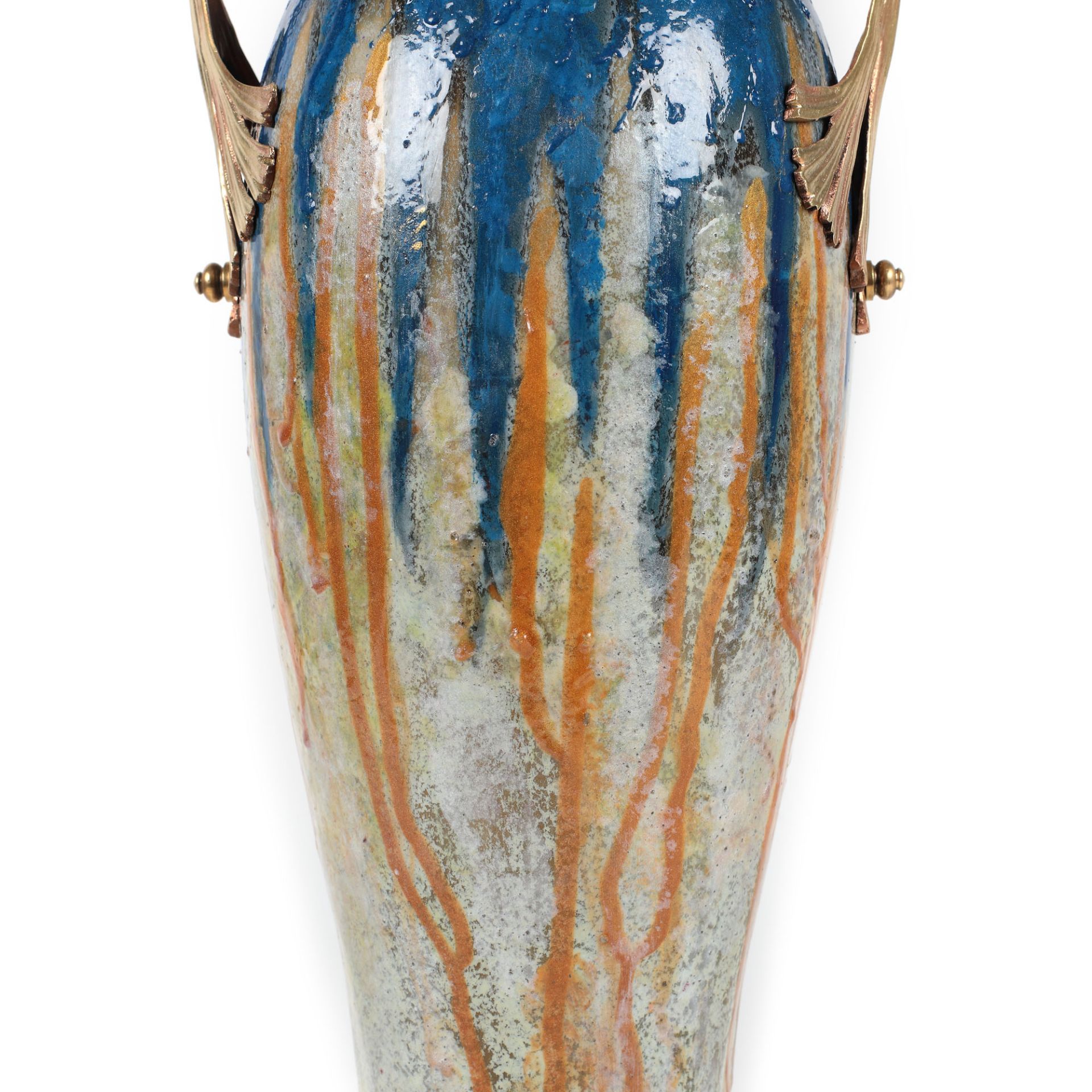 Belgian workshop, Art Nouveau Boch Frères vase, glazed ceramic and gilded bronze frame, decorated wi - Image 5 of 5