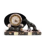 French workshop, Art Deco table clock, decorated with greyhound statuettes, approx. 1935