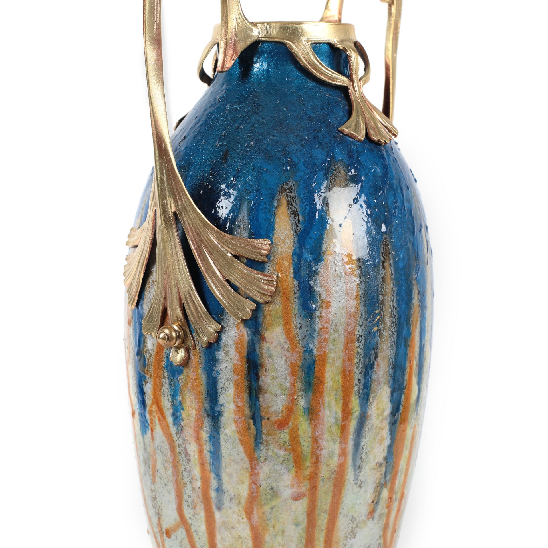 Belgian workshop, Art Nouveau Boch Frères vase, glazed ceramic and gilded bronze frame, decorated wi - Image 3 of 5