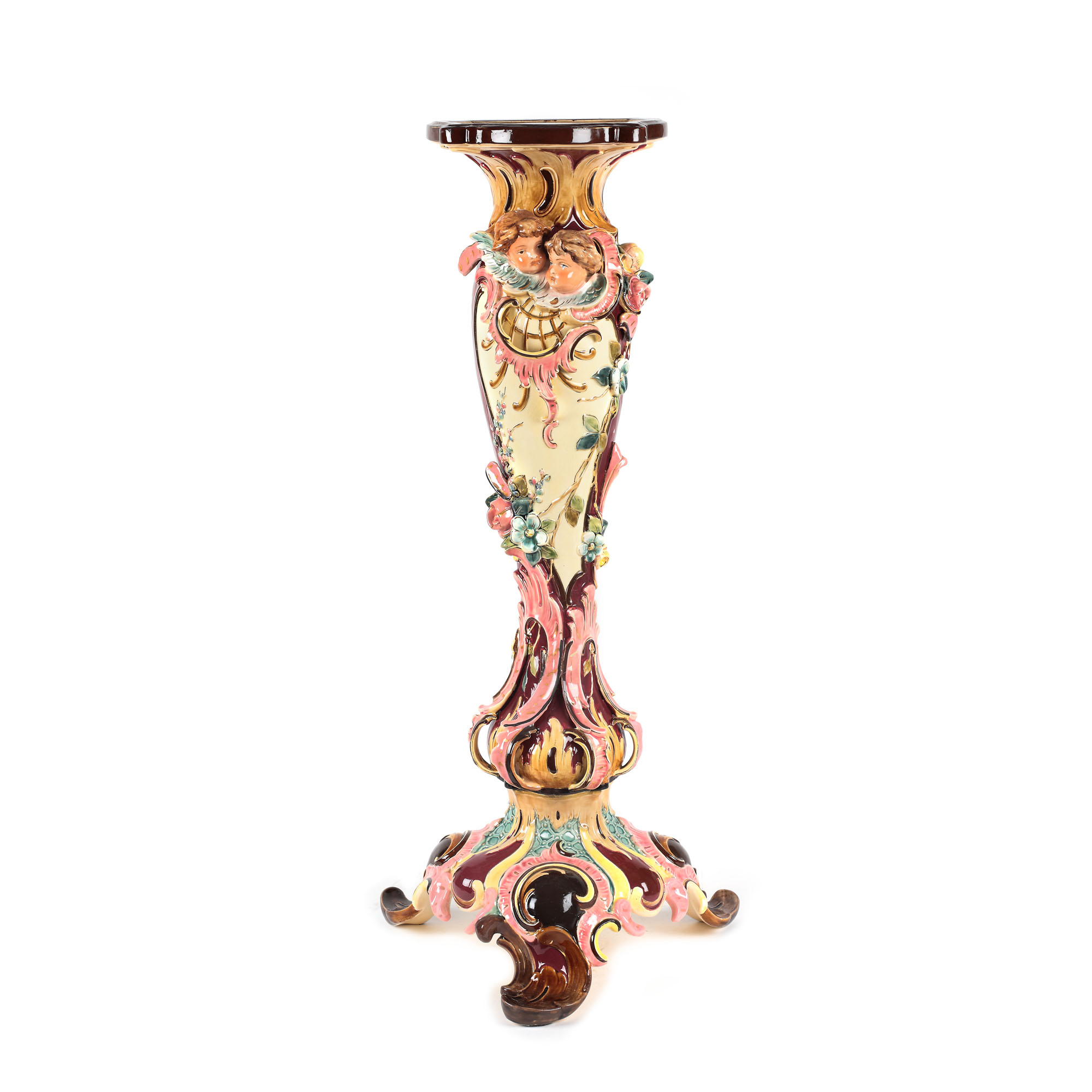 European workshop, Majolica pedestal, richly decorated with flowers and putti in love, late 19th cen