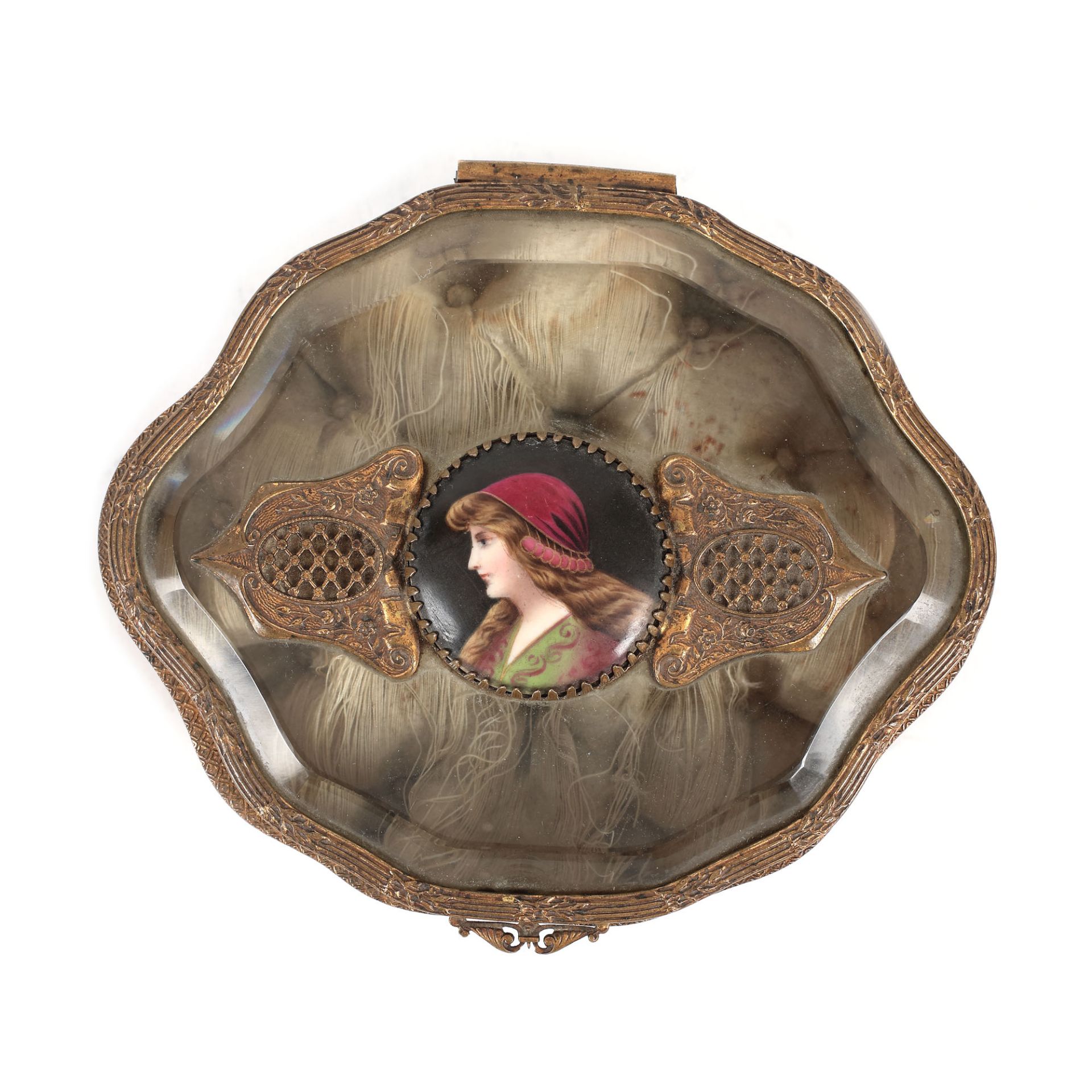French workshop, jewellery box, doré bronze and bevelled crystal, centrally decorated with a Limoges - Image 3 of 3