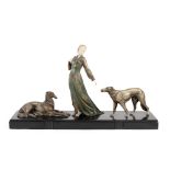 French workshop, Art Deco table centrepiece, decorated with a promenade with two greyhounds, approx.