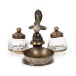 Glass inkwell, mounted in polycorm bronze support, decorated with a redbreast, approx. 1925