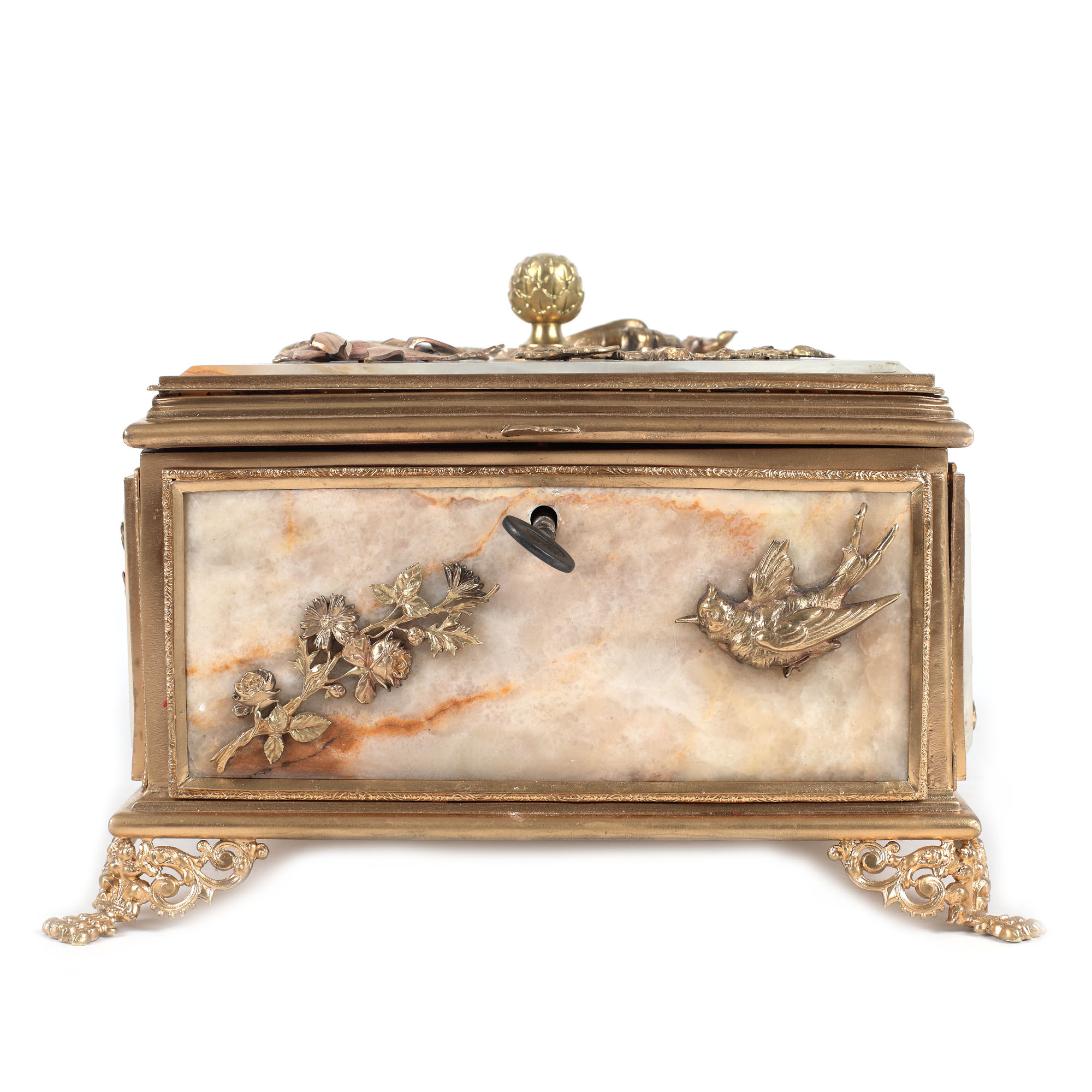 French workshop, Belle Époque box, for jewellery, alabaster and gilded bronze in three colours, deco - Image 3 of 5