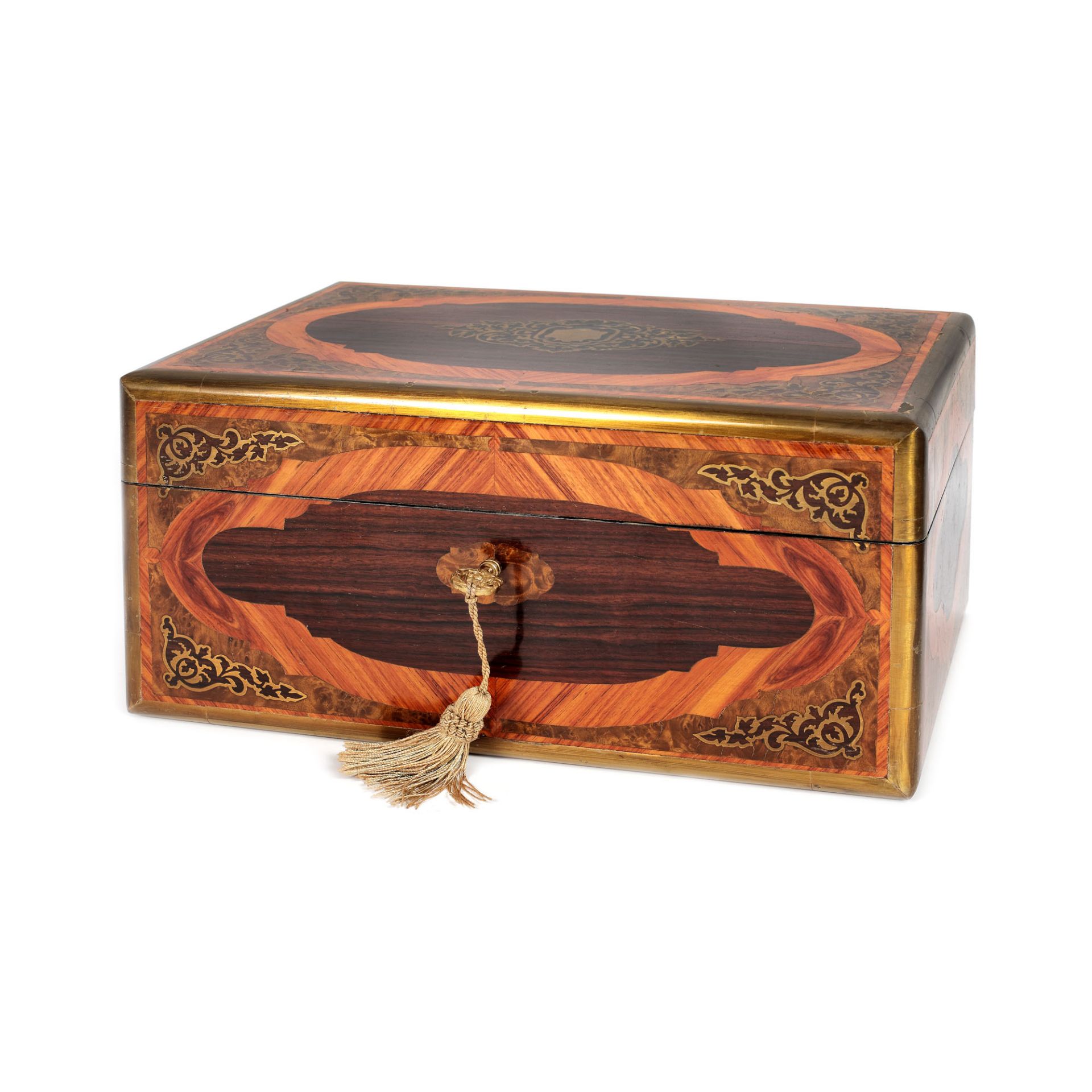 French workshop, Napoleon III wooden box, for jewellery, decorated with marquetry, late 19th century