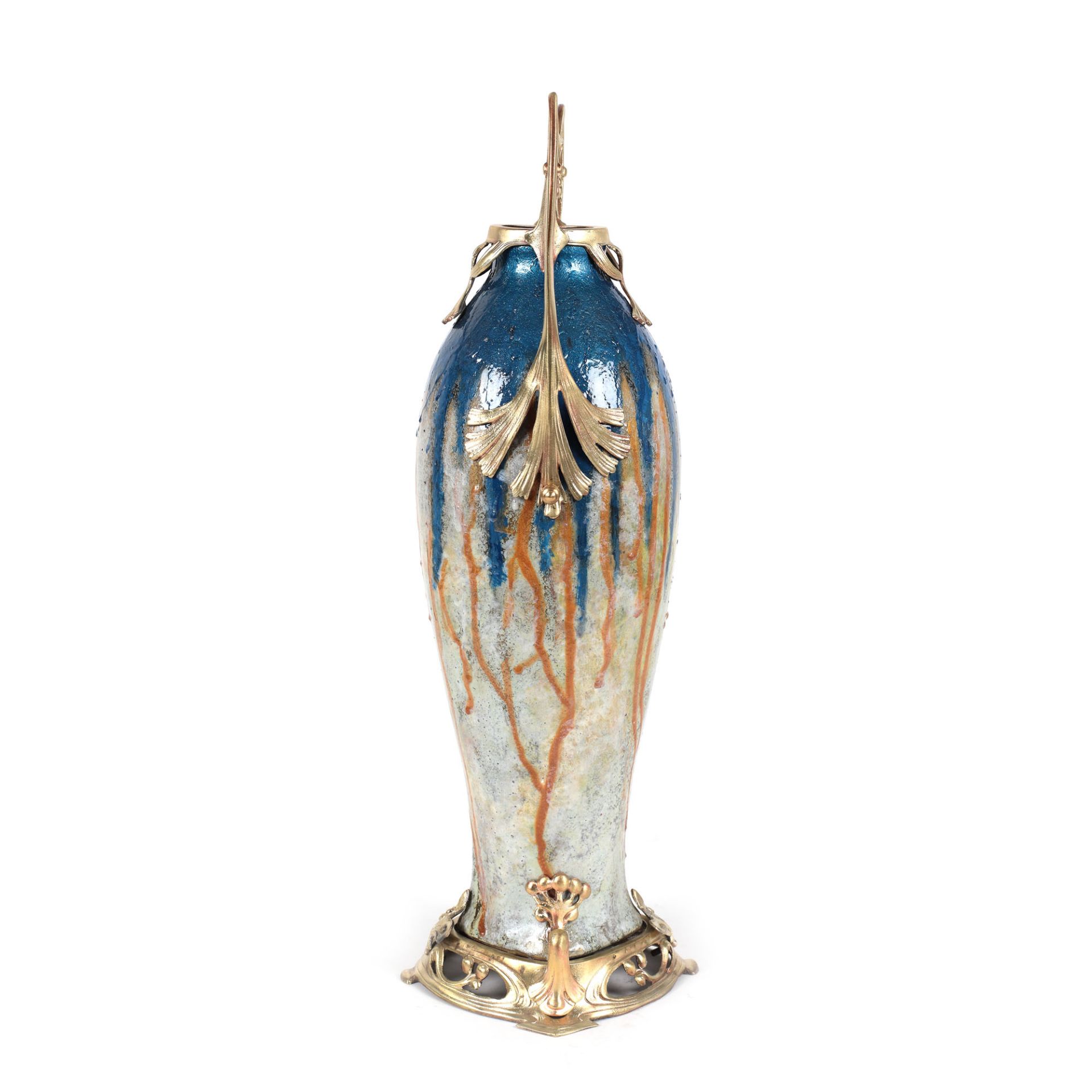 Belgian workshop, Art Nouveau Boch Frères vase, glazed ceramic and gilded bronze frame, decorated wi - Image 2 of 5