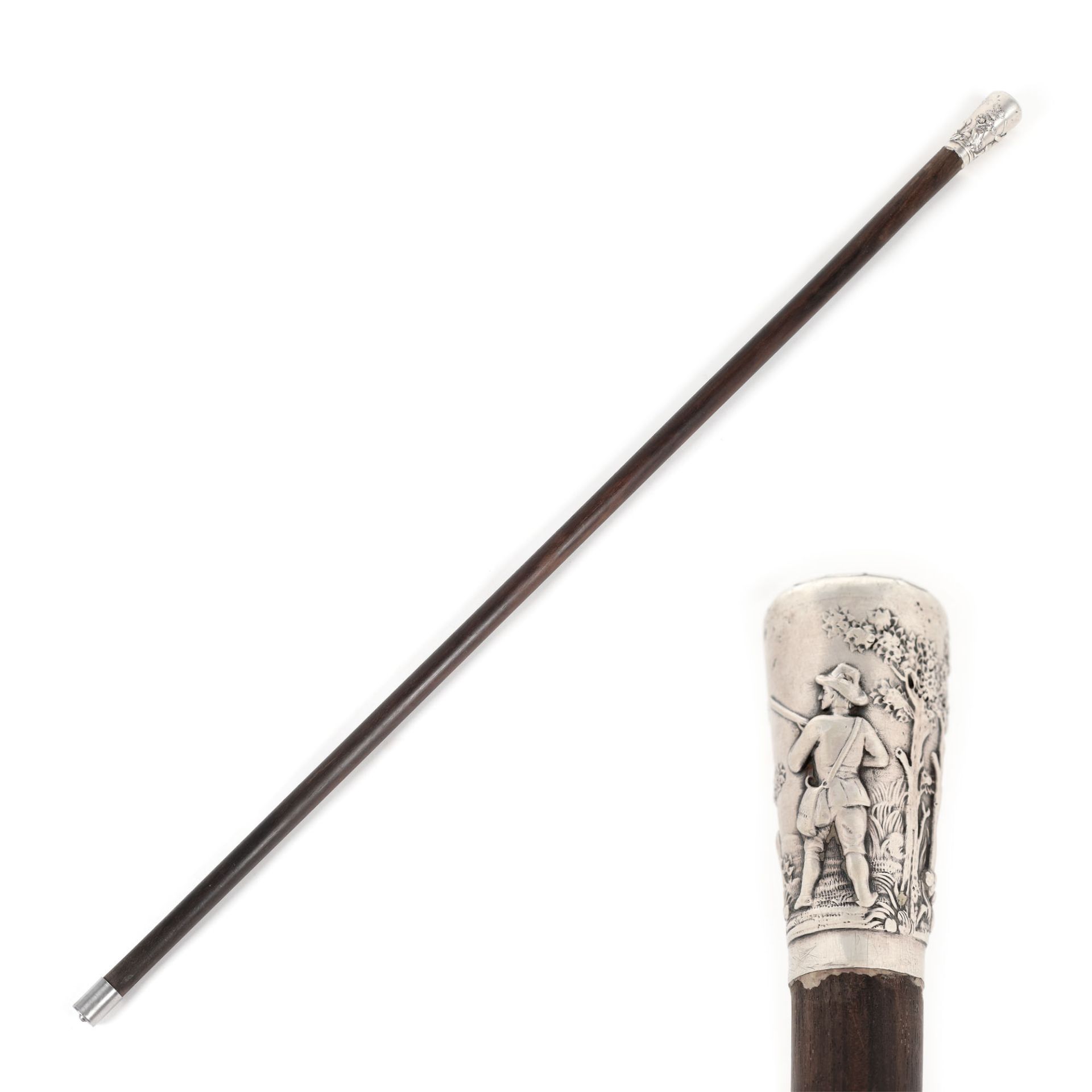 German workshop, Wooden stick, with silver handle, engraved with hunting scene, approx. 1900