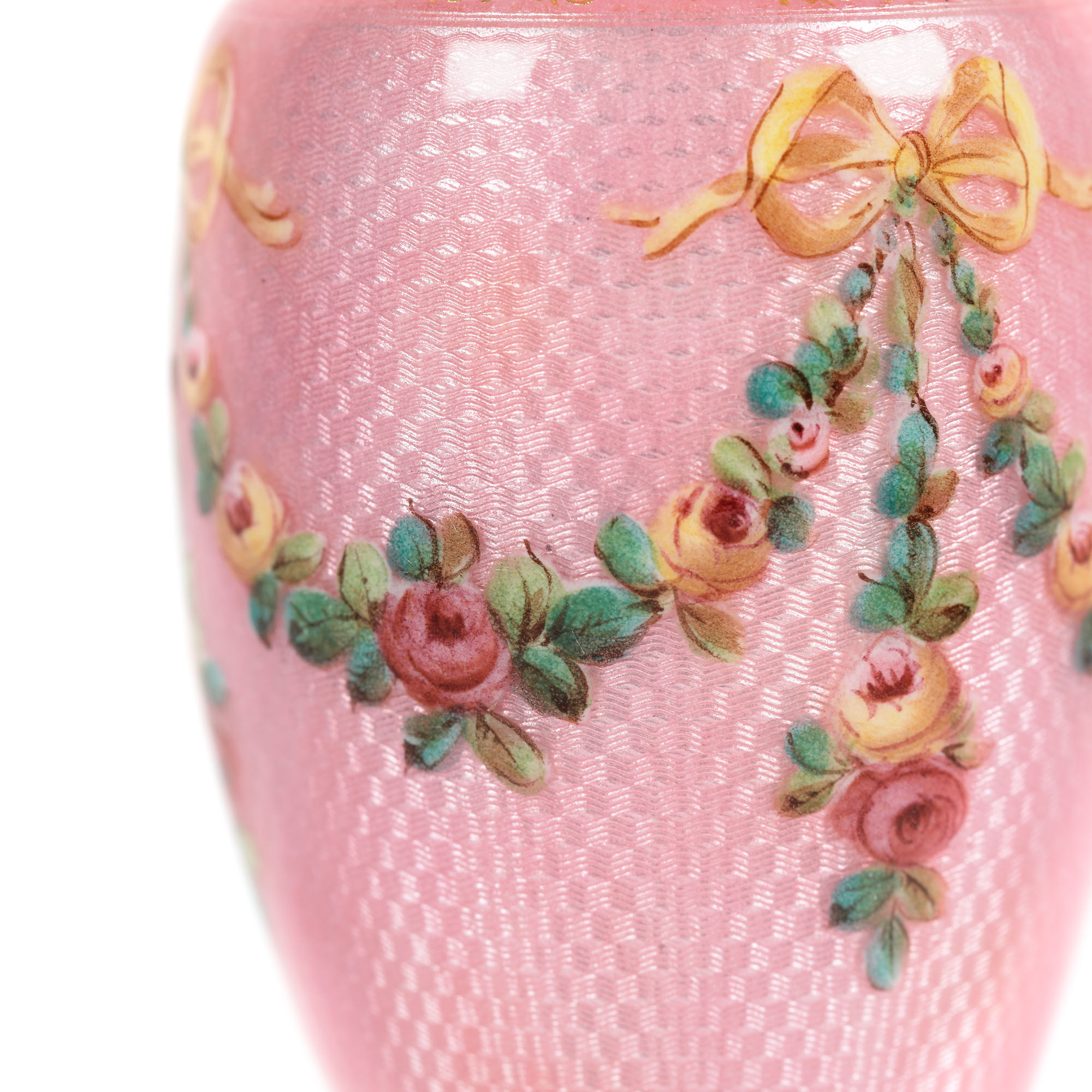 French workshop, Miniature urn, adorned with guilloché enamel and floral garlands, original box, app - Image 4 of 5