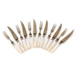 German workshop, Stahl Bronce set, brass and mother-of-pearl, consisting of six forks and six knives