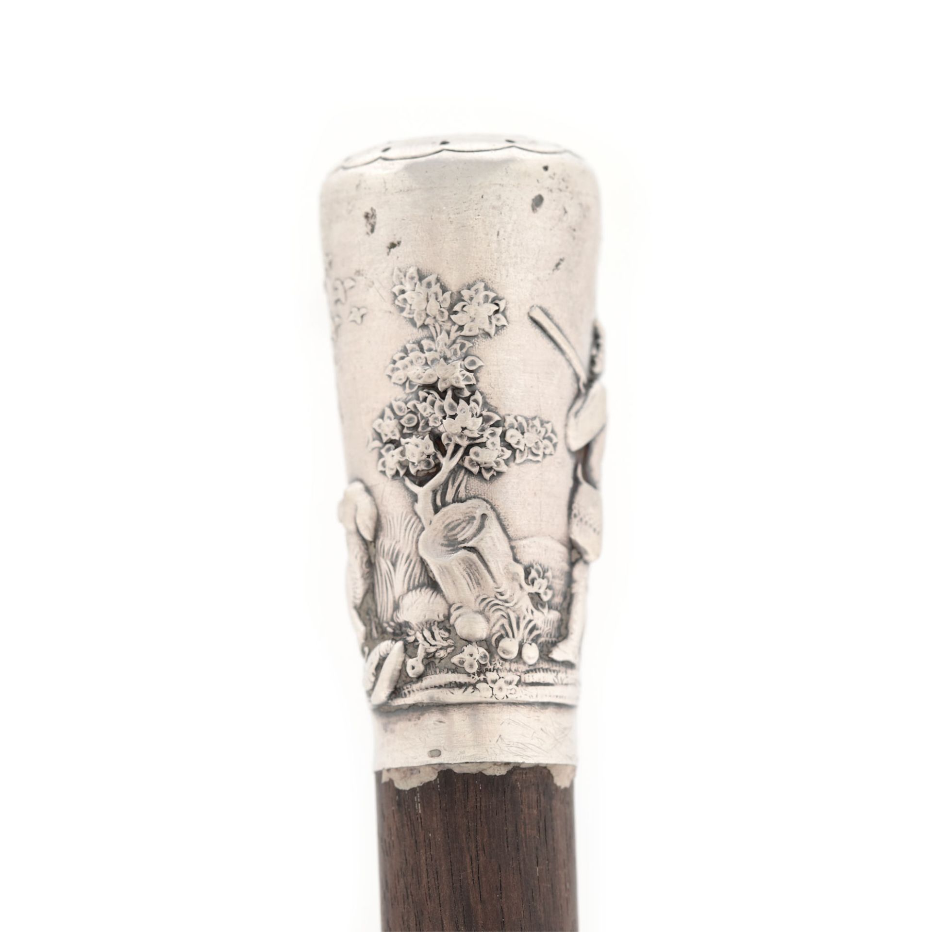 German workshop, Wooden stick, with silver handle, engraved with hunting scene, approx. 1900 - Bild 4 aus 4