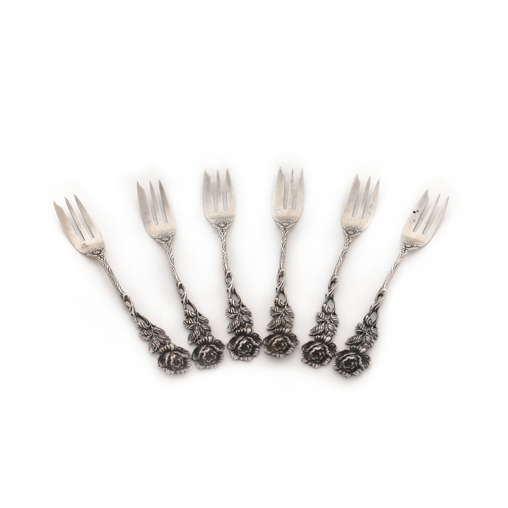 German workshop, Albert Bodemer silver set, consisting of six teaspoons and six forks, with rose-sha - Image 5 of 9