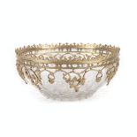 French workshop, Belle Époque fruit bowl, glass and gilded bronze, decorated with rocaille elements,