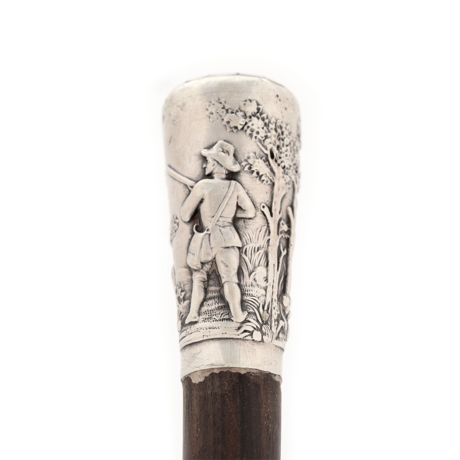 German workshop, Wooden stick, with silver handle, engraved with hunting scene, approx. 1900 - Bild 2 aus 4